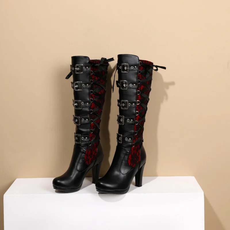 Женские ботинки на платформе со шнуровкой сапоги до середины икры высоком