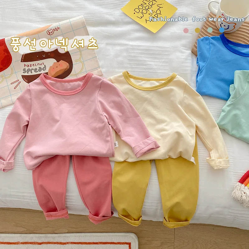 

Детский Пижамный костюм для девочек и мальчиков, Однотонная рубашка с длинным рукавом + брюки, детская одежда из двух предметов, женская осе...