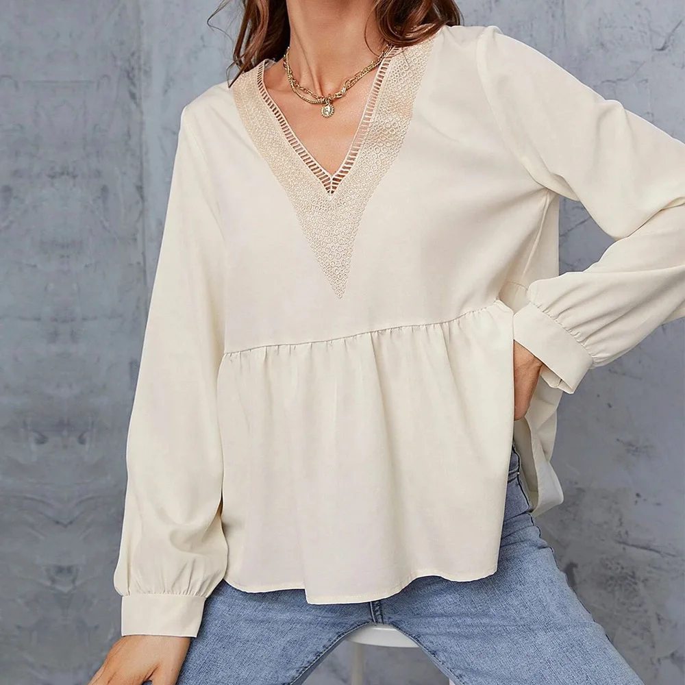 

Women Long Sleeved Shirt Patchwork Lace V Neck Tops Loose Sexy Casual Woman T Shirt Oversized Female Gothic Solid Tops Clothes