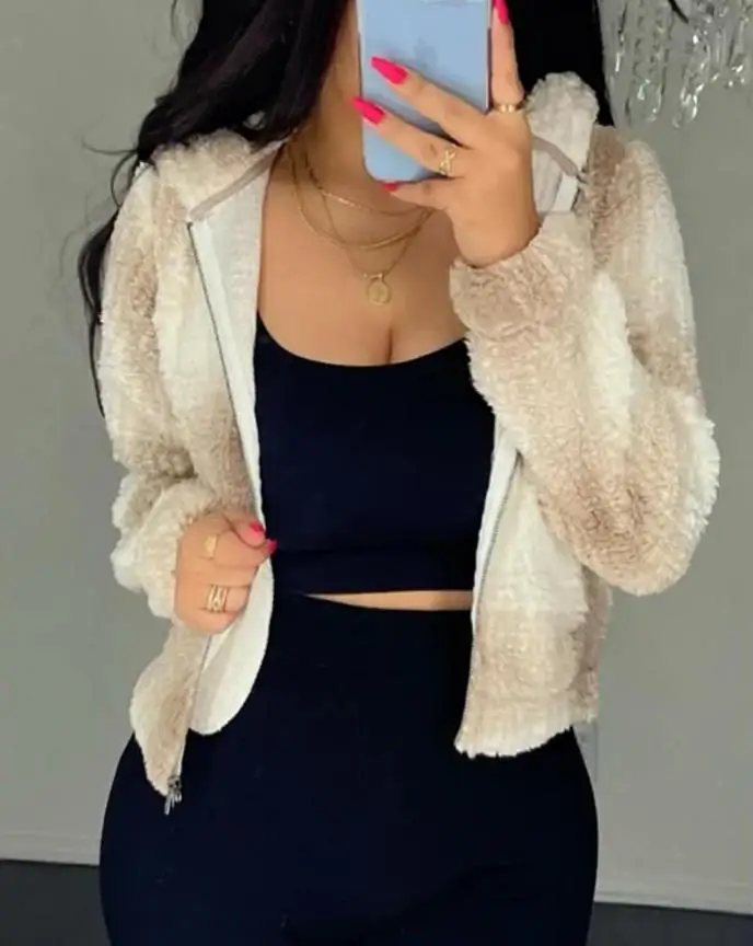 

Plaid Print Hooded Zip Up Teddy Coat 2022 Autumn Europe and America Fashion Women's Clothing Casual Daily Jacket Warm Coats