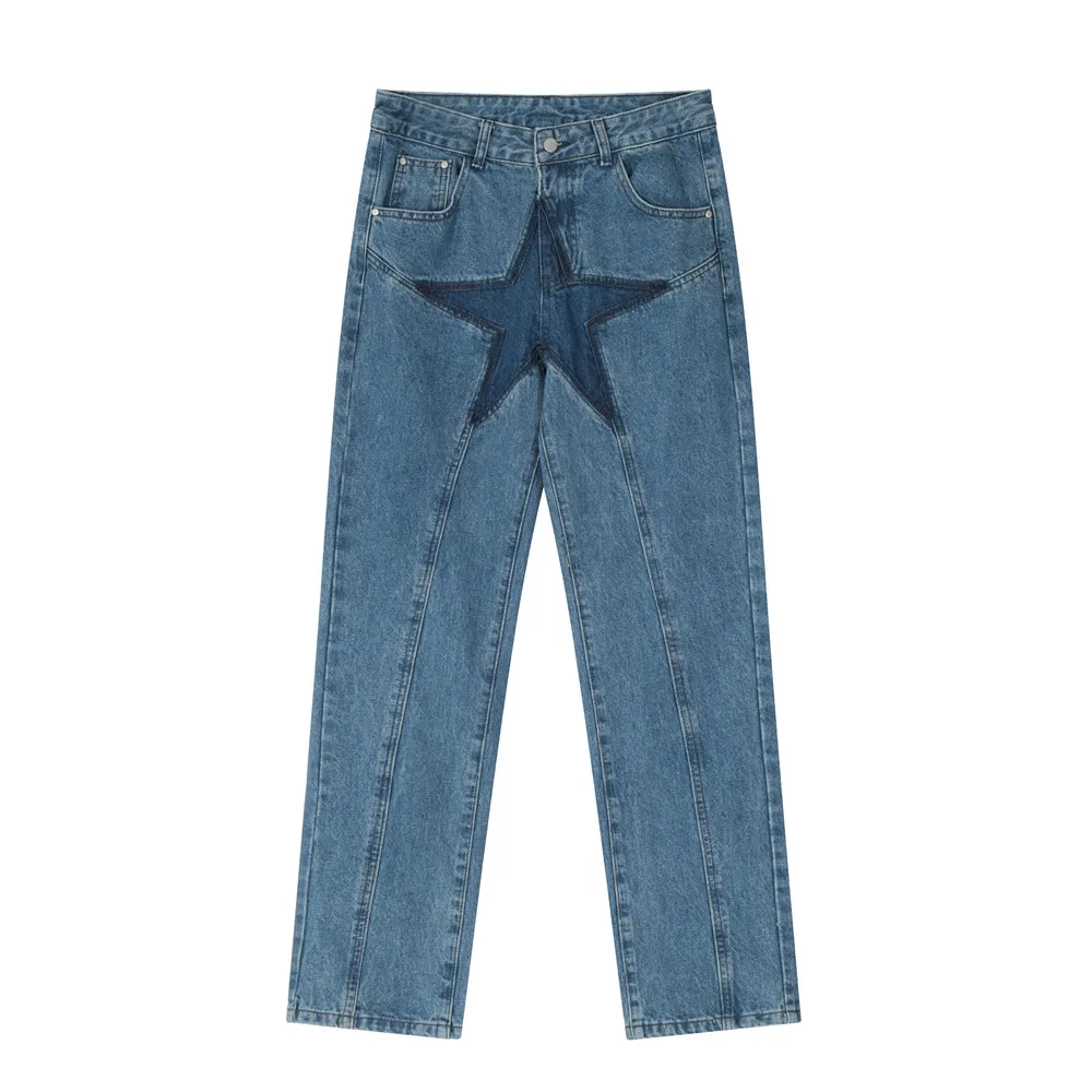 Men's fashion street hip-hop design sense pentagram personality stitching washed jeans side zipper straight trousers