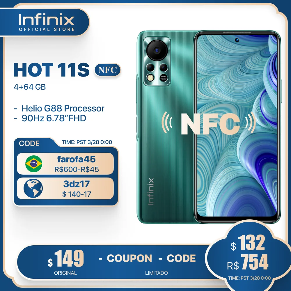 

Infinix HOT 11S SmartPhone NFC 4GB+64GB 6.78''FHD+ Display 5000mAh 50MP AI Rear Camera Helio G88 Moblie Phone Global Version