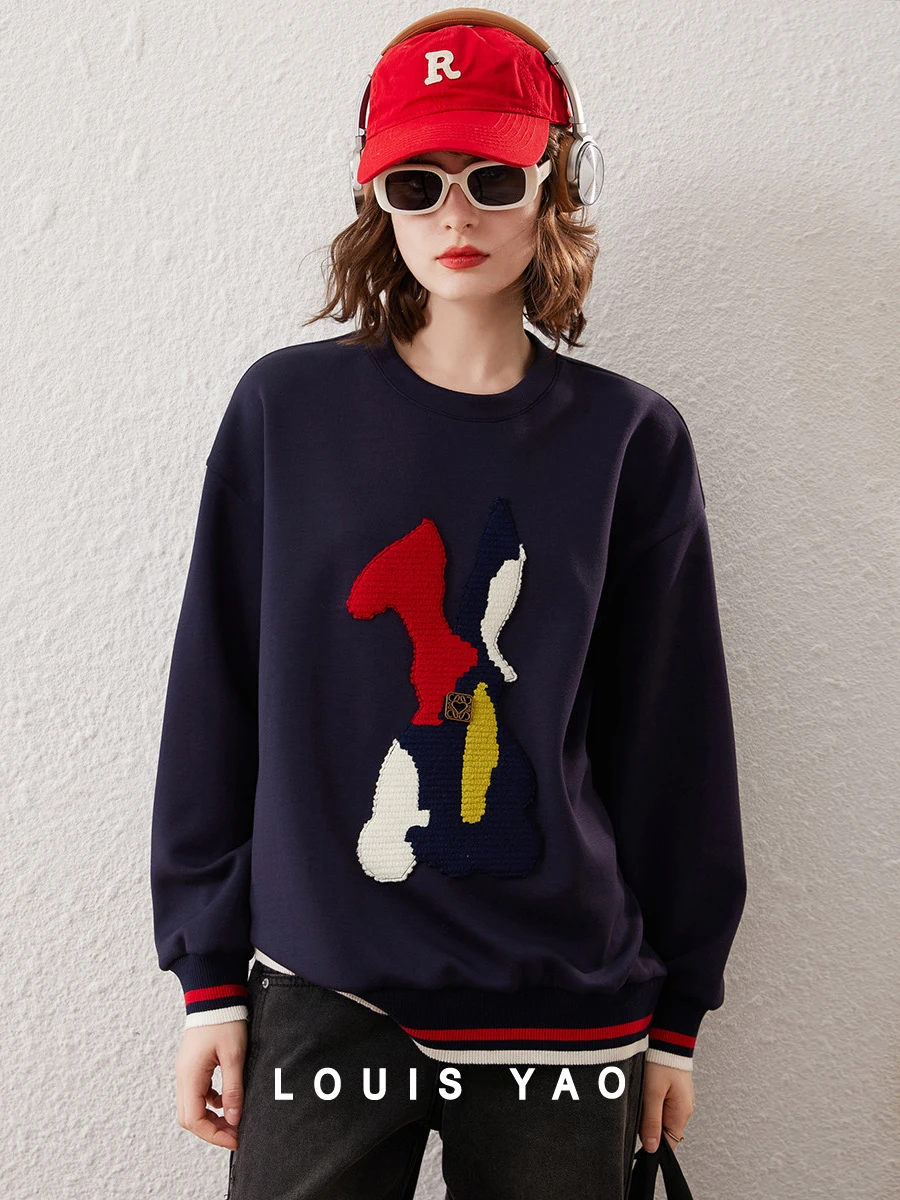 Женские толстовки LOUIS YAO новинка 2024 свитшот с вышивкой пуловер круглым вырезом и