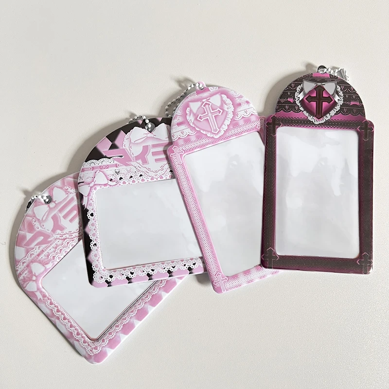 

Cute Photocard Holder With Heart Pendant Card Protective Sleeve Idol Photo Sleeves Cartoon 3 Inch Plaid ID Card Holder