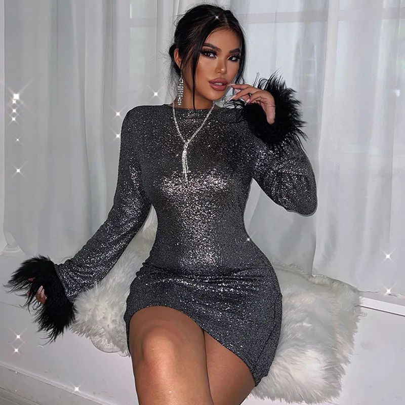 

Glitter Sequins Birthday Dress for Women Feathers Long Sleeve Party Club Mini Dress Slim Midnight Sexy Bodycon Dress Vestidos