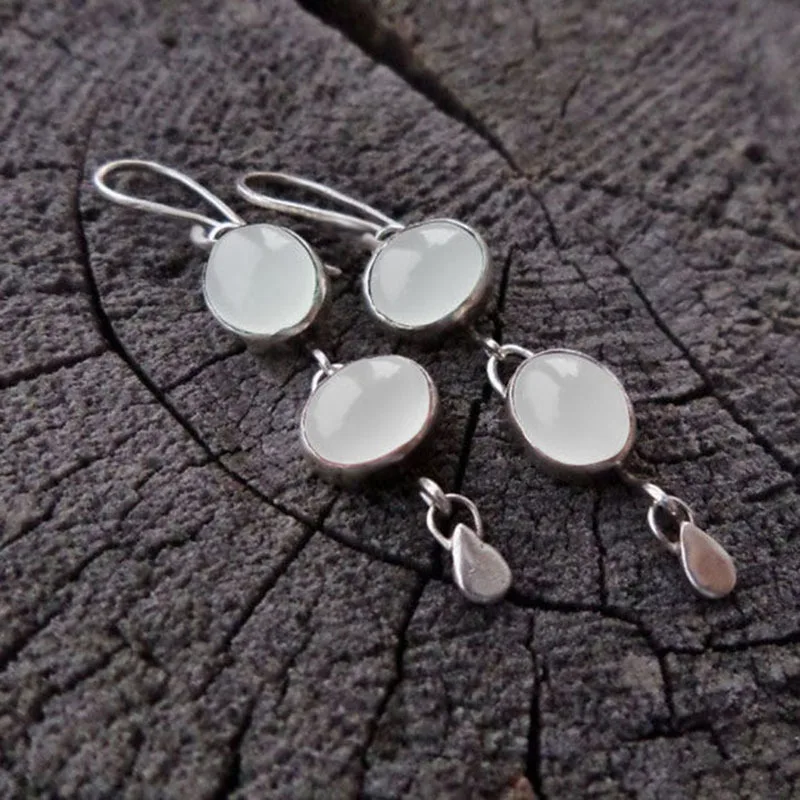 

Vintage Metal Inlaid White Opal Earrings Asymmetric Women's Delicate Cute Hook Drop Earrings Jewelry