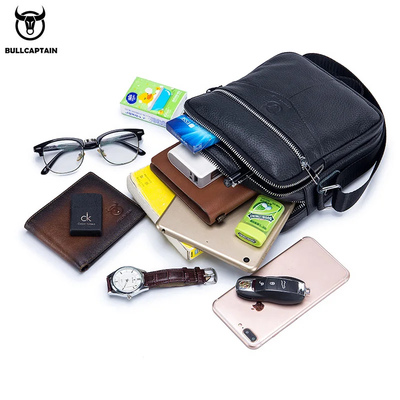 BULLCAPTAIN Men Genuine Leather Shoulder Bags Business Casual Vertical section  Top layer cowhide small satchel