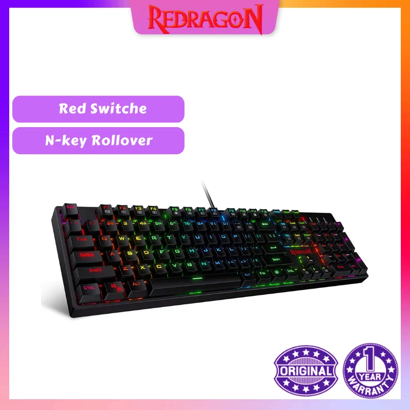 Механическая игровая клавиатура Redragon K582 SURARA с RGB светодиодный Ной подсветкой, с 104 клавишами, линейная и тихая, красные переключатели, быстрое включение