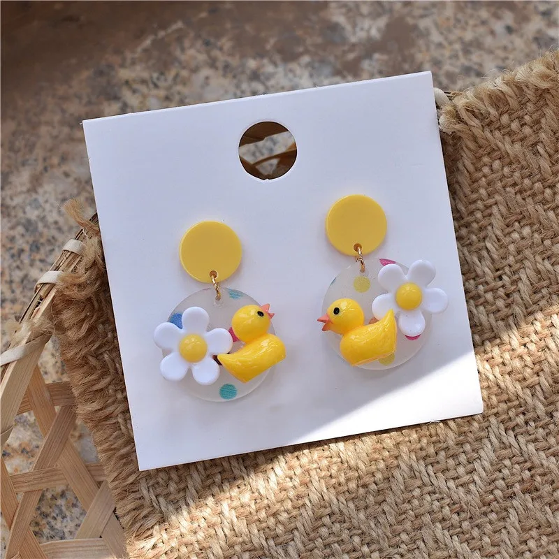 

Cute Yellow Duck White Flower Acrylic Earrings with Hypoallergenic Needle Creative Jewelry Dangle Earrings for women