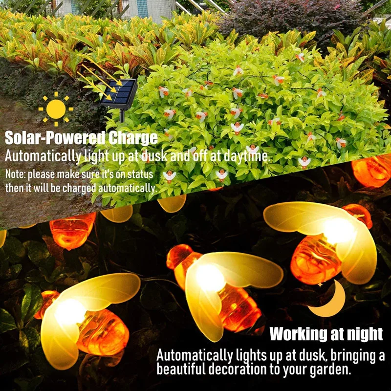 

Solar LED Light 12m100led Outdoor Waterproof Analog Bee String Lights 2/8 modes Christmas Party Garden Backyard Plant Decoration