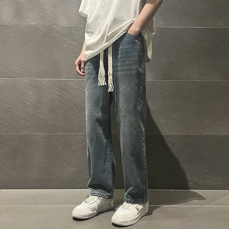 Summer Drawstring Jeans Men Fashion Retro Harajuku Straight Jeans Men Streetwear Hip-hop Loose Denim Pants Mens Trousers S-3XL