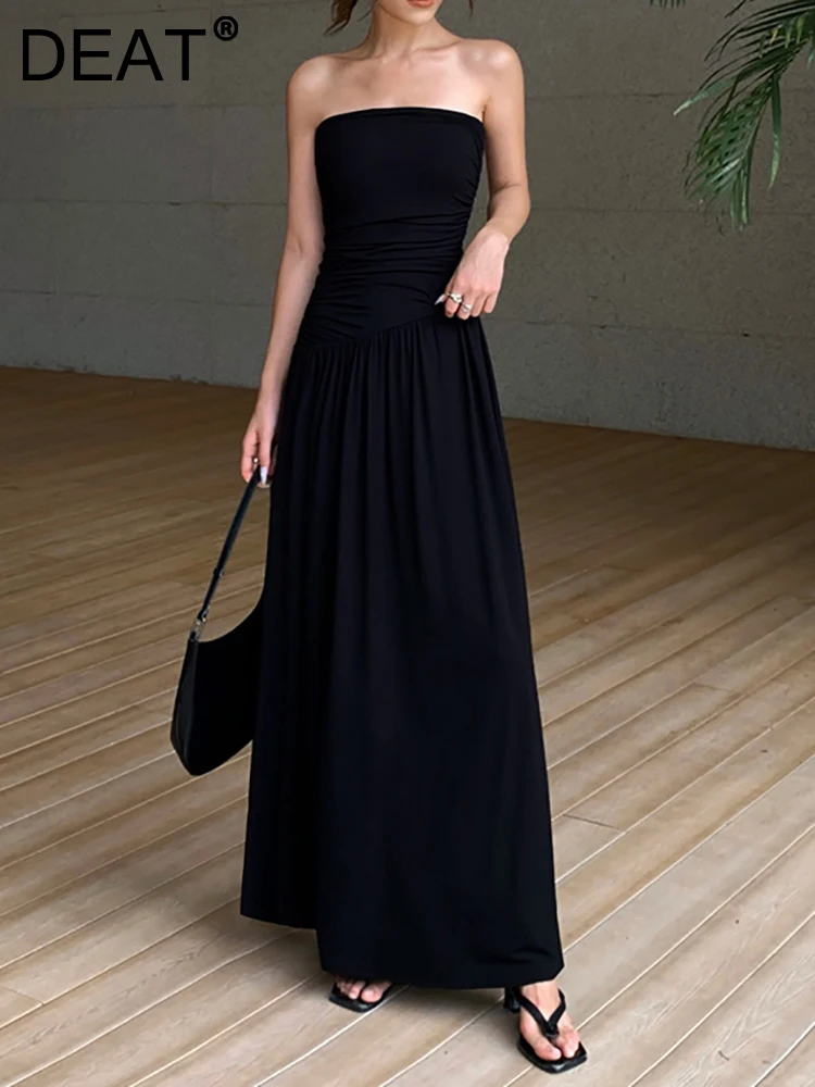 

DEAT Fashion Women's Dress Slim Strapless Sleeveless Folds Waist A-line Floor-length Black Dresses Summer 2023 New Tide 17A8709