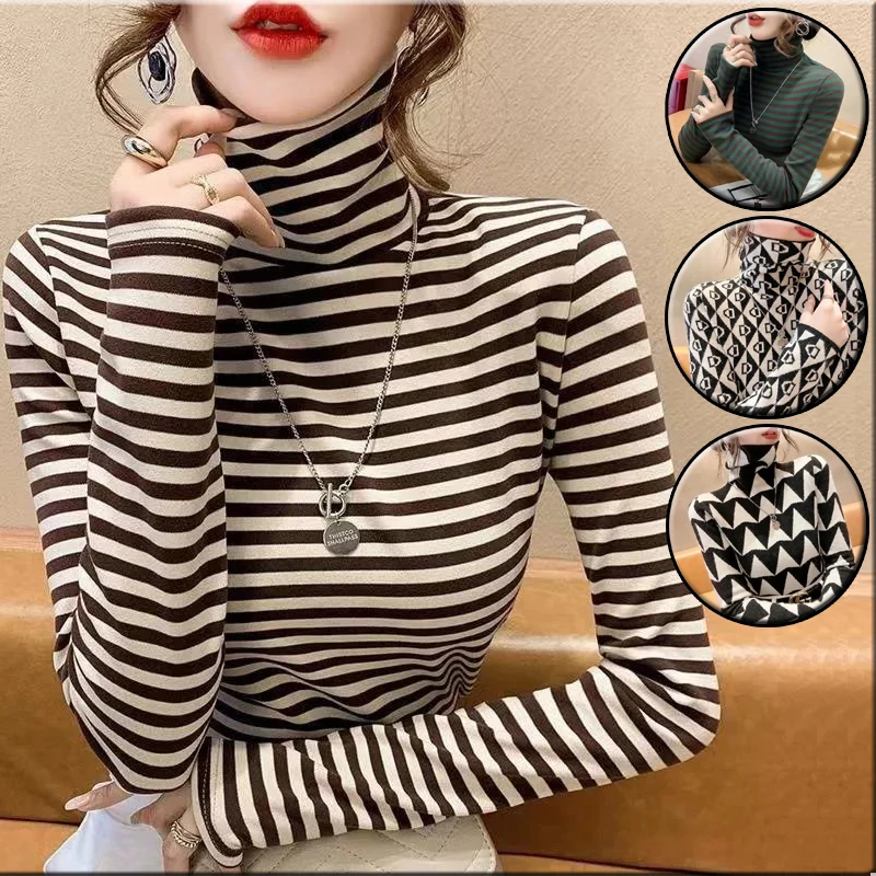 

Skinny Sexy Party Thicken Striped Y2K Tops Female Clothing Long Sleeve Pullover Vintage Warm Spring Turtleneck Women's T-shirt