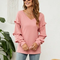 2022 new stylish women blouse sweet lantern sleeve ruffles v neck top autumn winter pullover long sleeve for daily wear