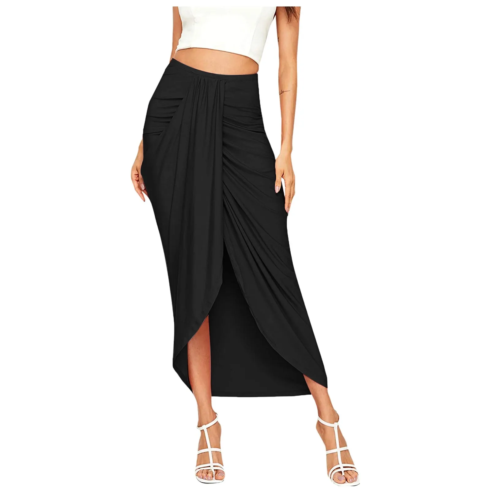

Wrap Women'S Draped Elegant Skirt Ruched Slit Wrap High Waist Slit Maxi Solid Elastic Asymmetrical Casual Elastic Skirt Maxi