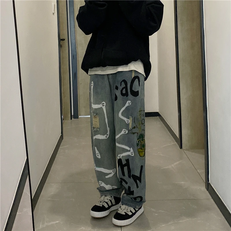 Y2k Pants Punk Women High Street Old Washed Graffiti Print Jeans Loose Straight Hip-hop Niche All-match Couple Trousers Gothic  - buy with discount