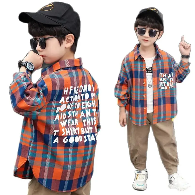 

Детская хлопковечерние рубашка в клетку, с отложным воротником и длинным рукавом