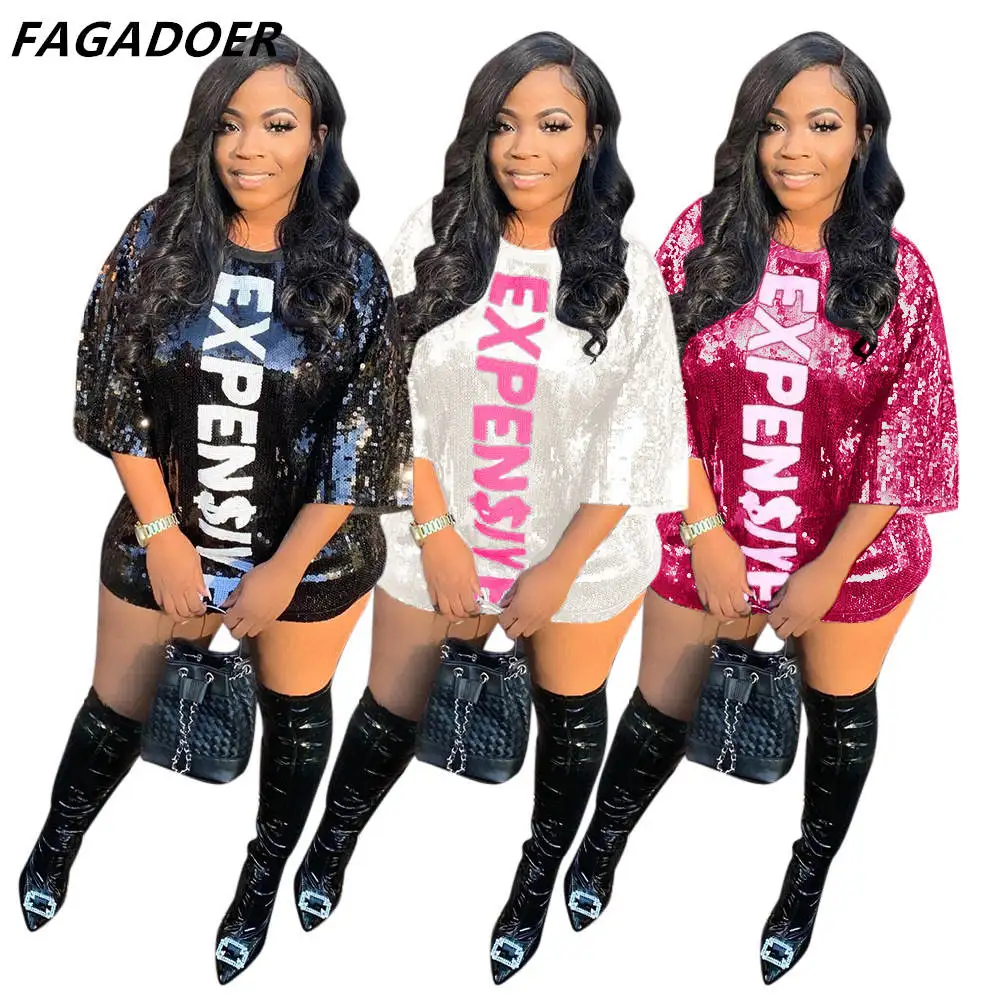 

FAGADOER Letter Sequin Mini Dress Women Round Neck Short Sleeve Tshirt Dress Fashion Party Club Chlothing Female Streetwear 2022