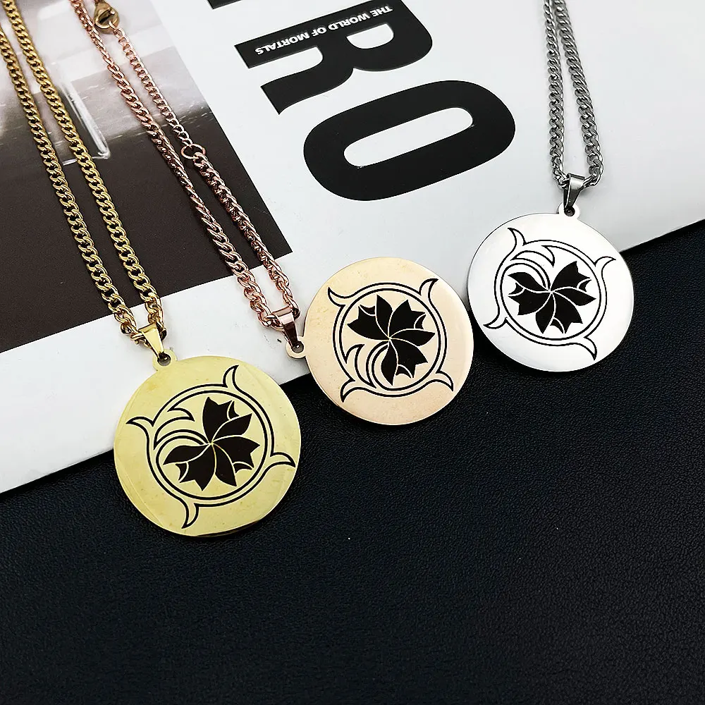 

Personalised Carving Flower Round Tag Pendant Stainless Steel Gold Necklace for Women Jewelry Accessories Men Cuban Chain Choker