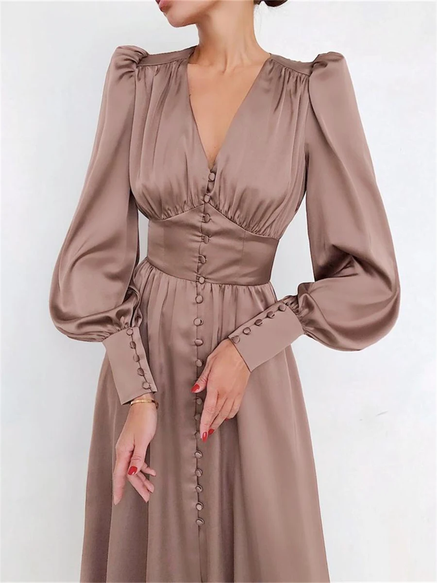 

wsevypo Elegant Satin A-Line Party Midi Dress Women Lantern Long Sleeve V-Neck Buttons Flared Dresses Fall Spring New Vestidos