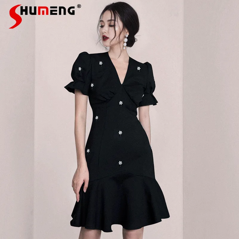 

2022 New Summer French V-neck Puff Sleeve Black Slimming Beaded Dress Goddess