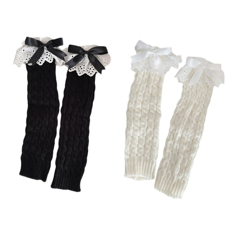 

449B Women Autumn Ruffled Lace Bowknot Leg Warmers Japanese Twist Cable Knitted Foot Covers Student Stretch Calf Socks