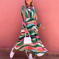 hot sales%ef%bc%81womens pullover dress loose fit pleated stripe print long dress for holiday