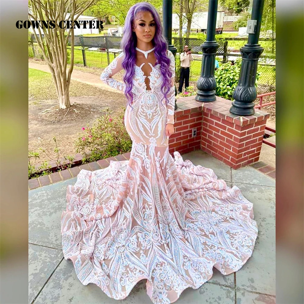 

Sequined Lace Long Sleeeve Prom Dresses For Black Girls Mermaid Elegant Formal Occasion Dress O Neck Wedding Party Gowns vestido