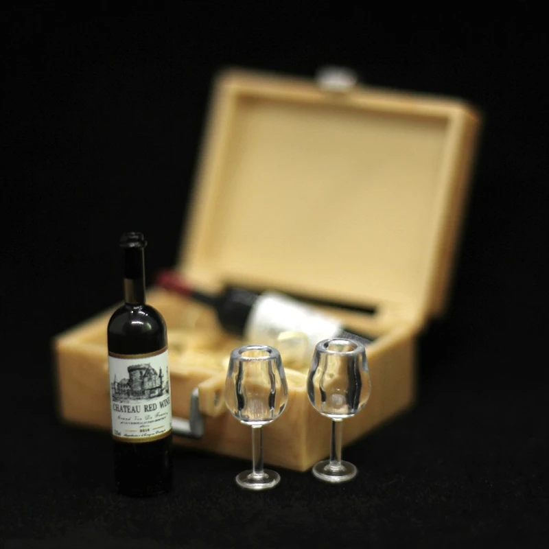 

1Set 1:12 Dollhouse Miniature Red Wine Bottle Wine Cup Wine Box Model Home Living Scene Decor Toy