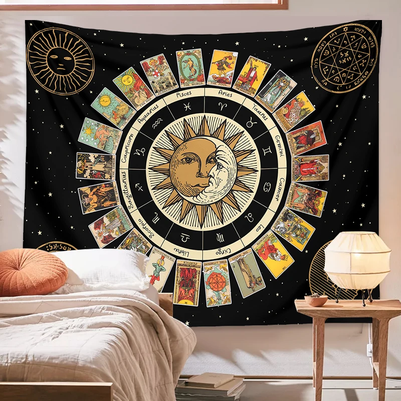 

Sun moon Tarot Tapestry Wall Hanging Constellation Wheel of the Zodiac Astrology Chart Tapestries Witchcraft Home Decor wall art