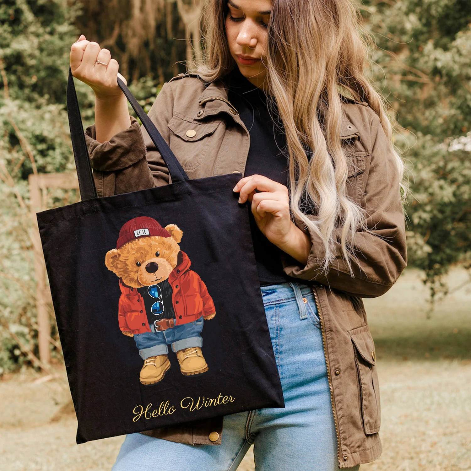 

BLINGPAW Canvas Tote Bag 100% Cotton Reusable Shopper Bags No Zipper Teddy Bear Preppy Eco Bolsa Cute Print School Style