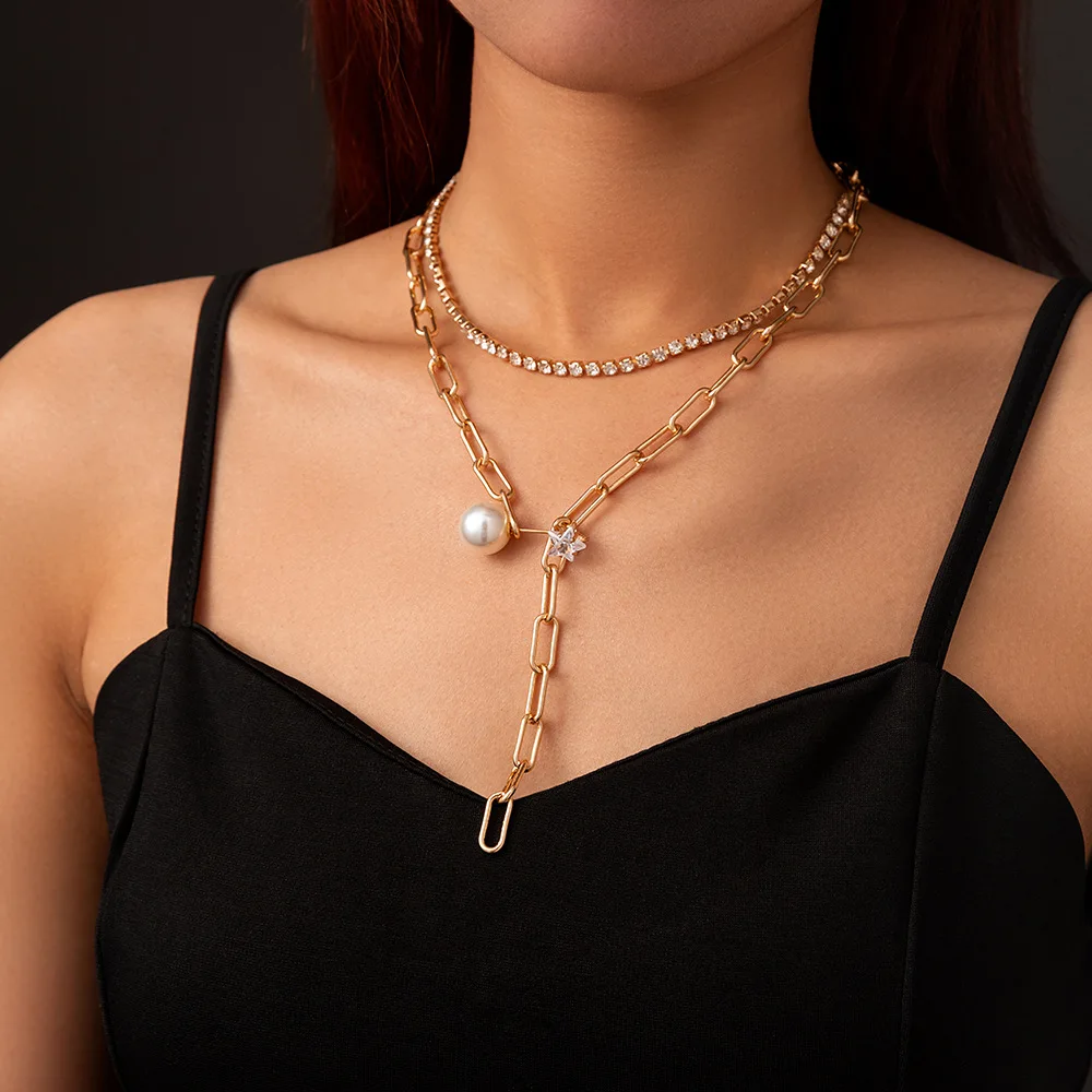 

Ожерелье женское с жемчугом, крупная цепочка в клетку с перекрестной границей в европейском и американском стиле, многослойное украшение с ...