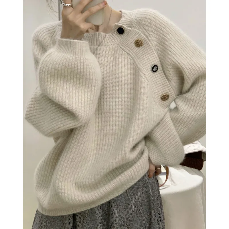 

2023 Autumn/Winter Imitation Raccoon Fleece Lazy Knitted Sweater Women's Retro Loose Soft Glutinous Pullover Top