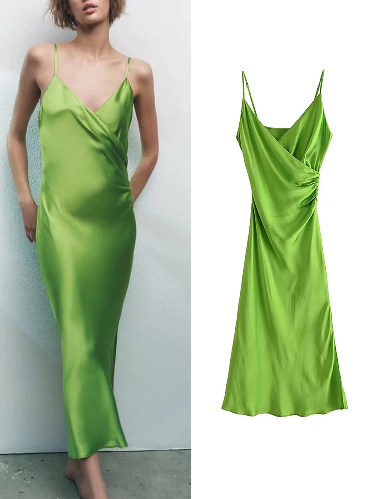 

TFMLN 2022 весна-лето, женское однотонное атласное элегантное вечернее платье с глубоким V-образным вырезом, Женский уличный наряд без рукавов