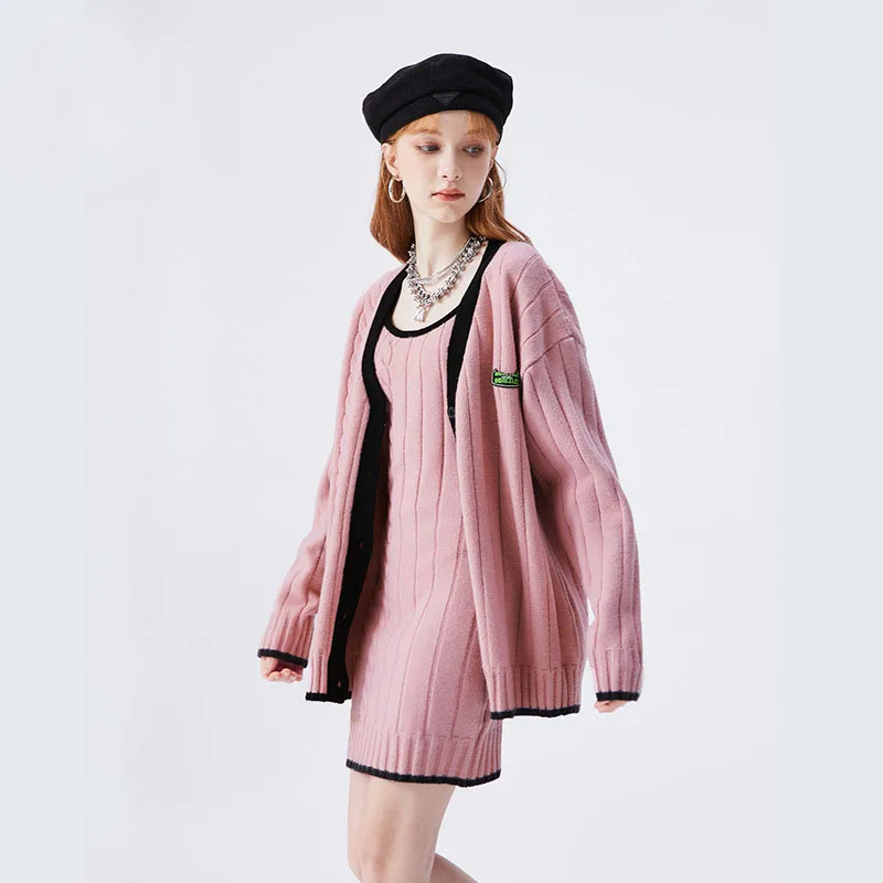 

2022 Autumn Women Fashion 2PCS Knitting Sets Girl Sweatercoat Dress Female Streetwear Vintage Cardigan Slim Fit Suspender Dress