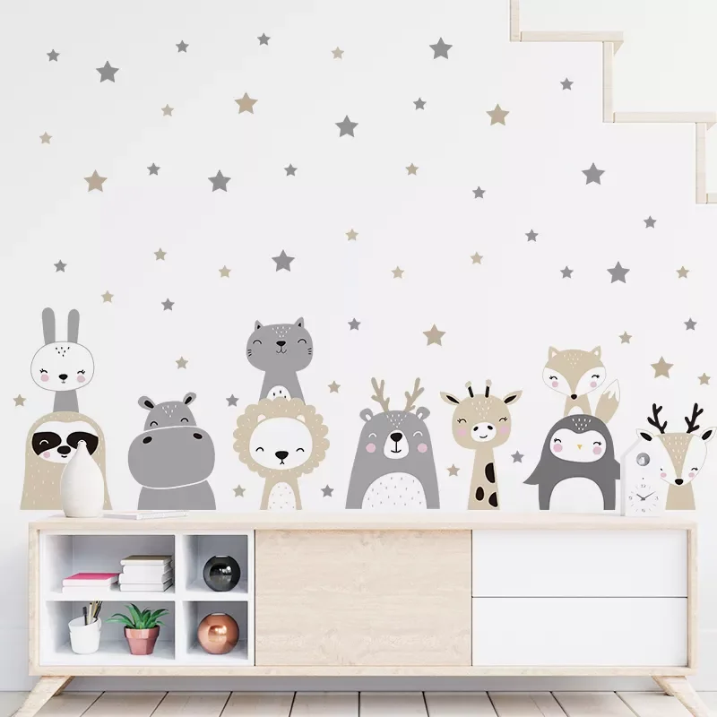 

Cute Lion Bunny Forest Animals Stars Wall Stickers Bear Deer Wall Decals for Kids Room Baby Nursery Room Bedroom Murals
