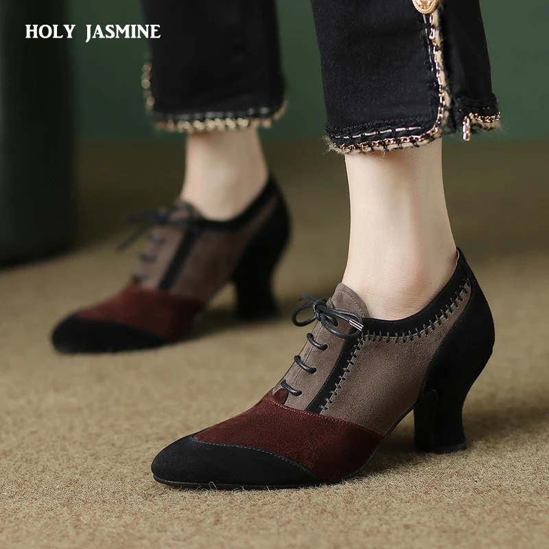 2023 New Spring Autumn Retro Mature Women Pumps Office Ladies High-heeled Lace-Up Genuine Leather Suede Shoes Woman High Quality