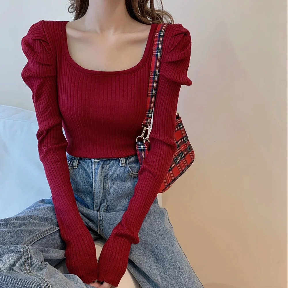 

Preppy Style Sweet Women Puff Sleeve Sweaters Pullovers 2022 New Chic Sueter Mujer Korean Elegant Square Collar Jumper