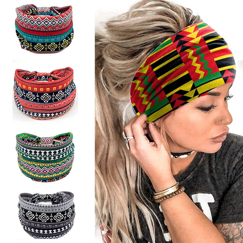 

Boho Knoted Hair Bands Women Stretch Hairband Yoga Running Travel Print Turban Bohemian Wide Headbands Bandage Make Up Head Wrap