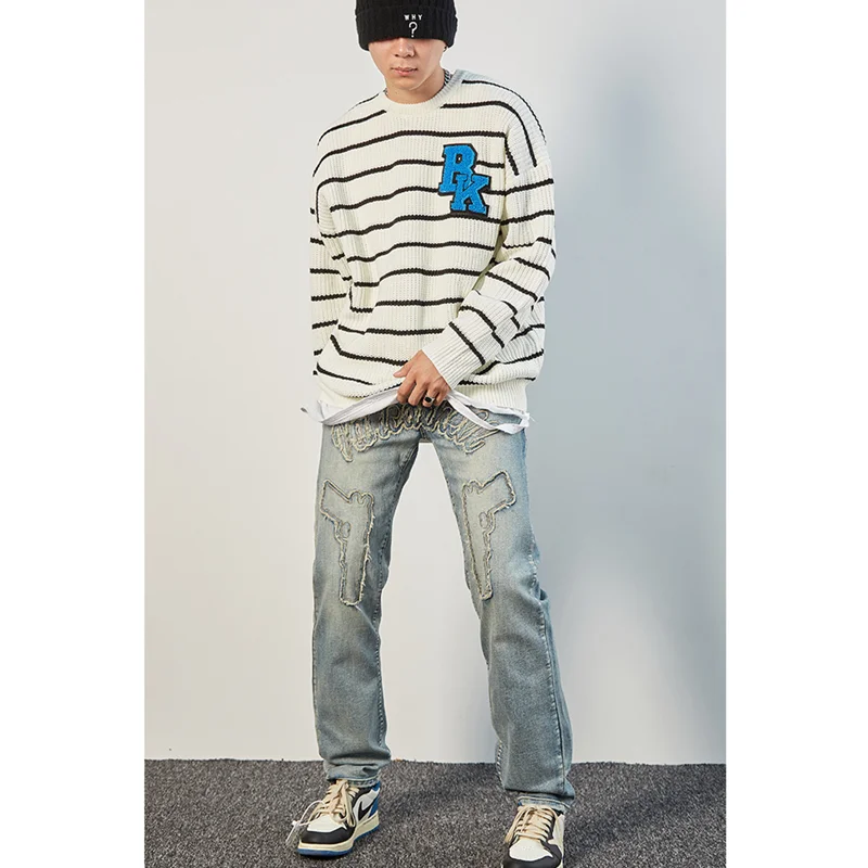 Streetwear Men 2022 New Pattern Vintage Recreational Blue Pants Applique Straight Cylinder Comfortable Loose Jeans Autumn Female