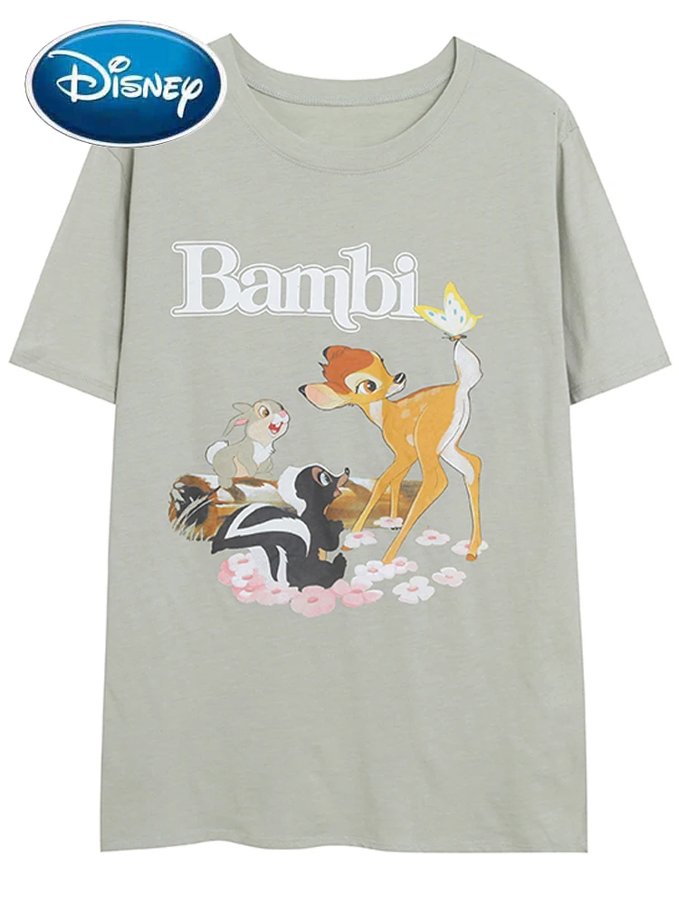 

Женская футболка с коротким рукавом и круглым вырезом Disney, модная футболка с изображением милого оленя Бэмби, кролика и птиц
