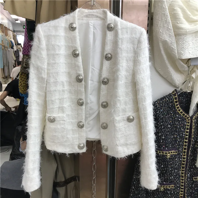 Женская твидовая куртка маленькая парная двубортная с металлическими вставками