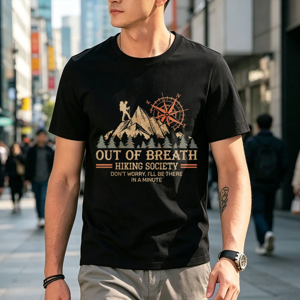 Фото Футболка с графическим принтом Out Of Breath Hiking Society Compass Mountain, мужская винтажная хлопковая футболка для трекеров, забавная футболка для активного отдыха, хлопковая футболка для походов в лес №2