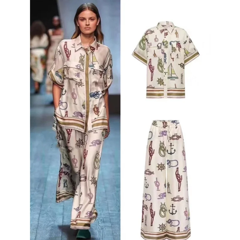 

Alem@is 100% Silk Shirt Women Sailing Ship Print Vintage Single Breasted Blouse + Wide Leg Silk Pants Set
