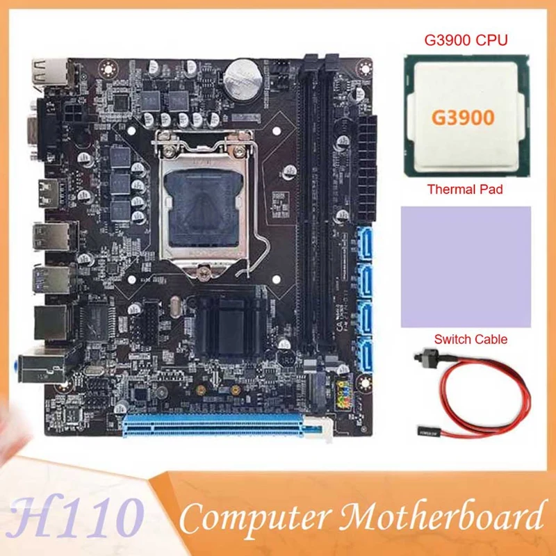 

H110 Computer Motherboard Supports LGA1151 6/7 Generation Dual-Channel DDR4 Memory+G3900 CPU+Thermal Pad+Switch Cable