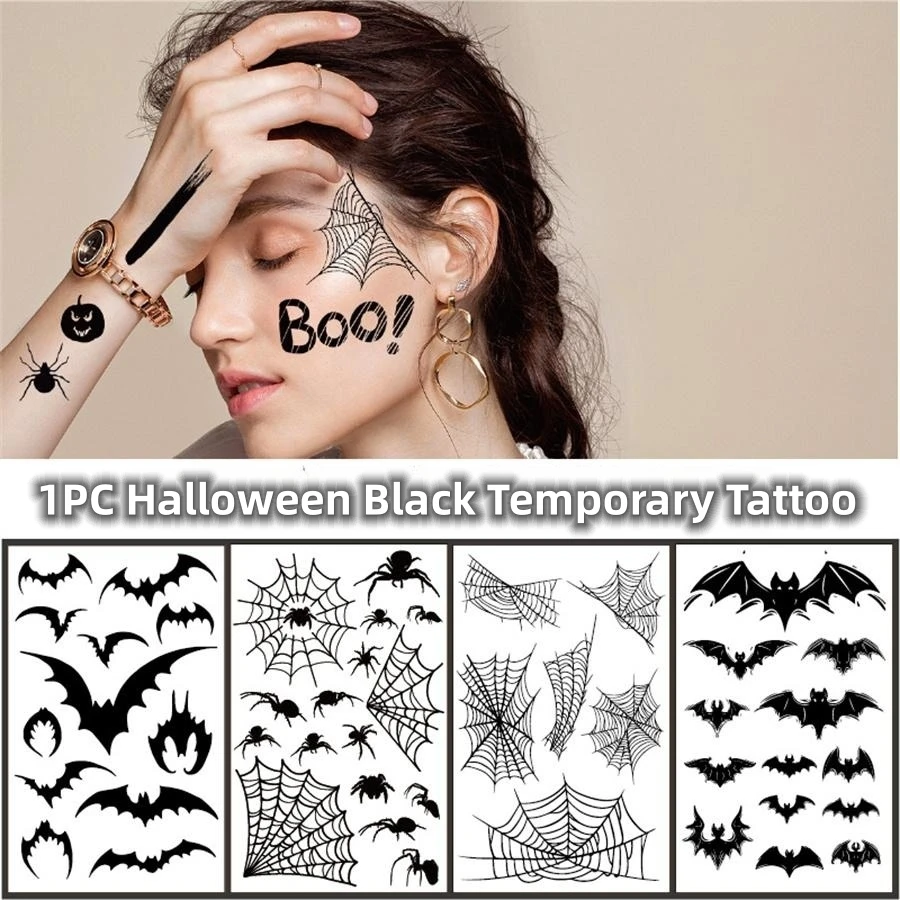 1PC Black Bat and Spiderweb Body Art Stickers Spooky Halloween Party Props Temporary Tattoos