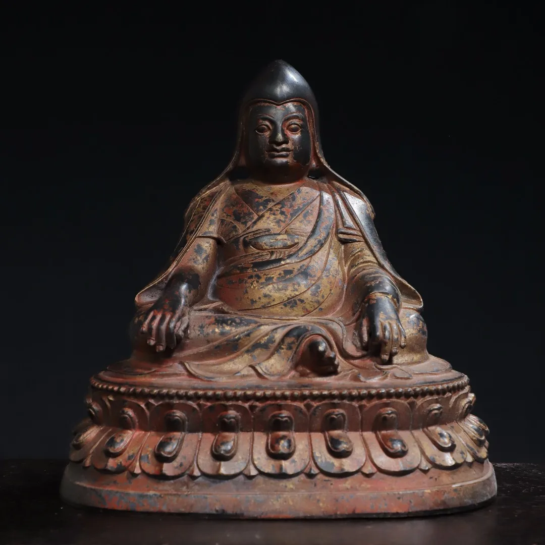 

8"Tibet Temple Collection Old Bronze Cinnabar Mud gold Tsongkhapa Buddhist Teacher Lotus Platform Worship Hall Town house