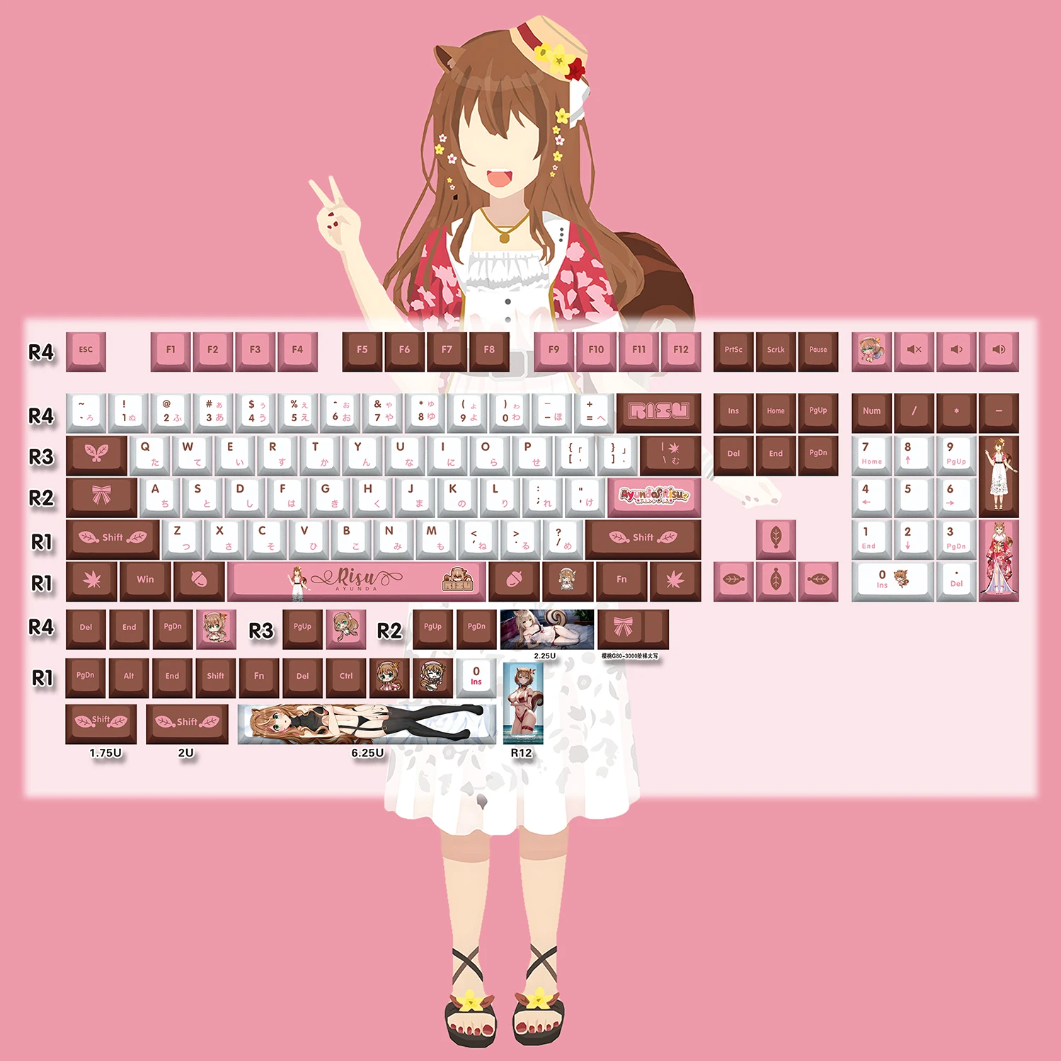 Фото Крышка для клавиш Ayunda Risu 132 Vtuber Hololive, крышка для клавиш PBT DYE SUB Cherry MX, переключатель крестовой оси, колпачок для механической клавиатуры, подарок №1