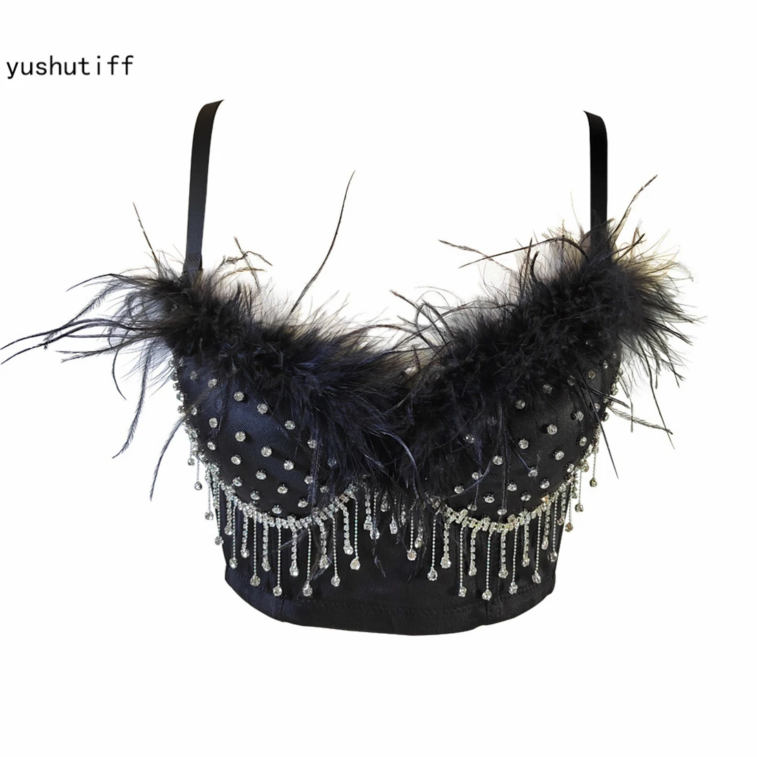 

Rhinestone Feather Bras Crop Top Fashion Nightclub Corset Coquette Clothing Rave Bustier Female Summer Party Sleeveless Vests