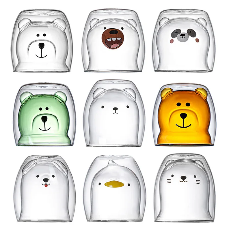 

250ml Glass Mugs Cute Bear Cat Animal Double Wall Glass Mug Double-layer Glass Cute Tea Milk Cup